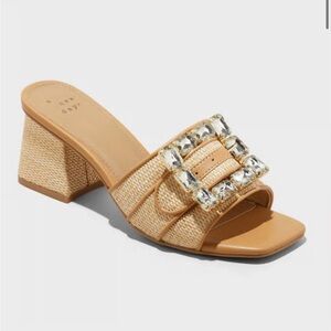 New Women's Kathleen Raffia Buckle Block Heels - A New Day Beige 7.5